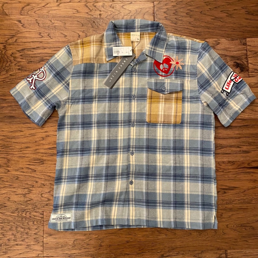 Smoke Rise Plaid Patchwork Shirt Mens 2XL Blue Yellow Patch Button Down NEW